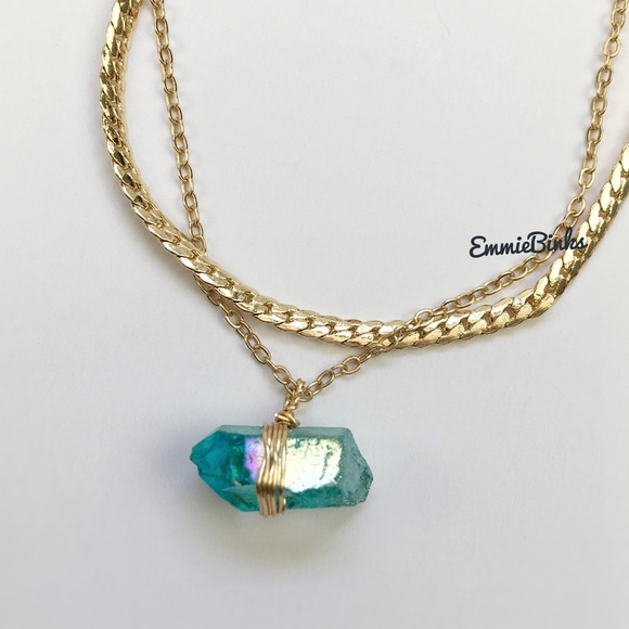 New Aqua Green Aura Quartz Crystal Dual Copper Chain Layered Necklace - Picture 9 of 16
